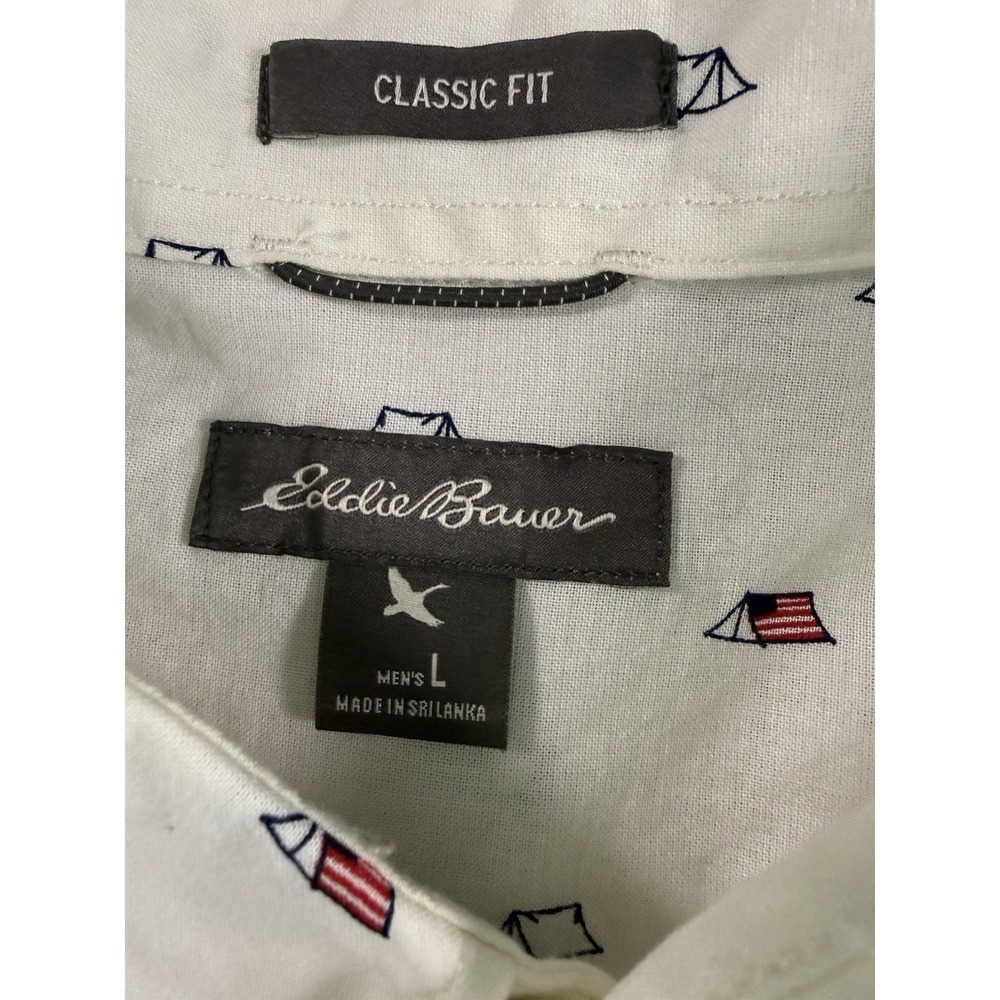 Eddie Bauer Men's L Button Down Shirt Tents with USA Flags Design Classic Fit